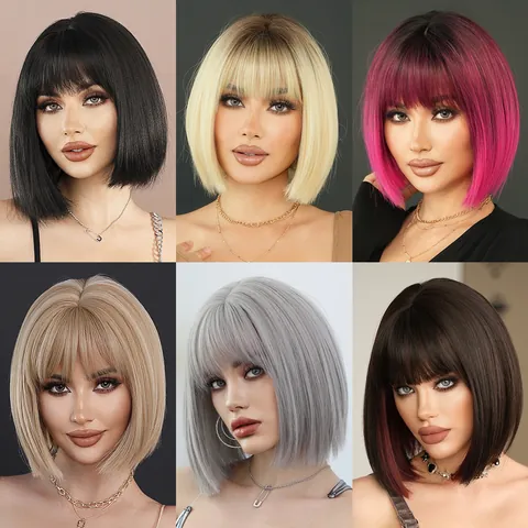 Women Short Straight Bob Wig With Bangs Heat Resistant Synthetic Fiber Natural Black Colorful Ombre Bob Cut Fashion Wigs