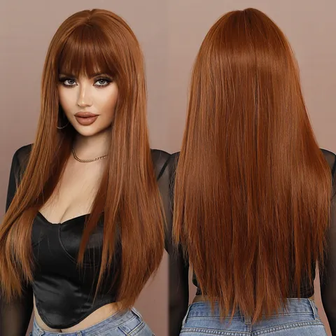Long Straight Synthetic Hair Wig With Bangs High Temperature Fiber Heat Resistant Ombre Ginger Ash Blonde For Women Daily Party