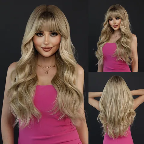 Women Long Wavy Wig Ombre Blonde With Bangs Heat Resistant Synthetic Hair Natural Looking Machine Made For Party Daily