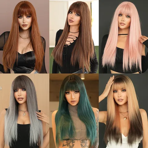 Peluca Larga Lisa Con Flequillo Fibra Sintética Resistente al Calor Aspecto Natural Degradado Extensiones de Cabello para Mujer Fiesta Cosplay