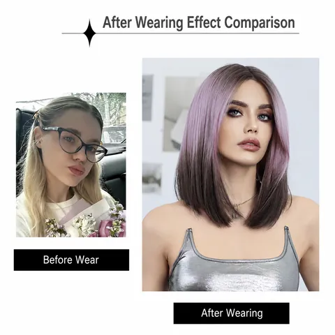 Short Straight Bob Lace Front Ombre Wig For Women Heat Resistant Synthetic Fiber Pink Brown Grey Highlights Daily Party Wig