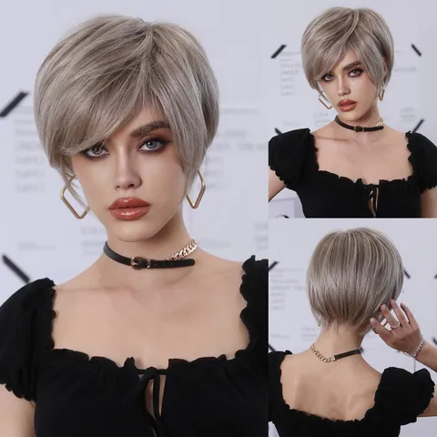 Short Pixie Cut Straight Wig With Bangs Champagne Gold Silver Grey Heat Resistant Synthetic Hair For Women Daily Party