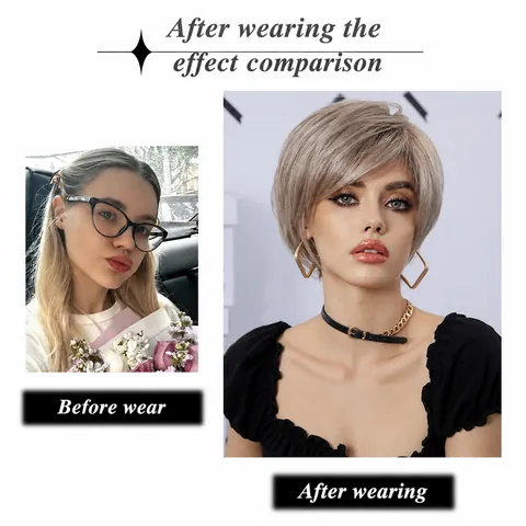Short Pixie Cut Straight Wig With Bangs Champagne Gold Silver Grey Heat Resistant Synthetic Hair For Women Daily Party