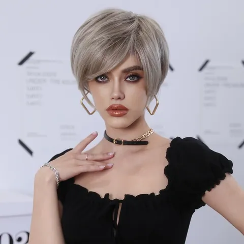 Short Pixie Cut Straight Wig With Bangs Champagne Gold Silver Grey Heat Resistant Synthetic Hair For Women Daily Party