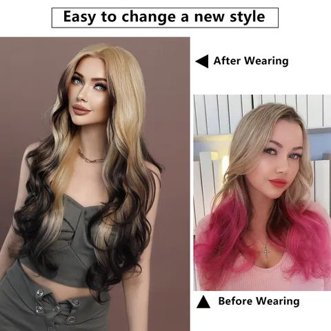 Biondo Platino Ombré Body Wave Lace Front Parrucca Sintetica Donna Capelli Lunghi Mossi Fibra Resistente al Calore ad Alta Temperatura