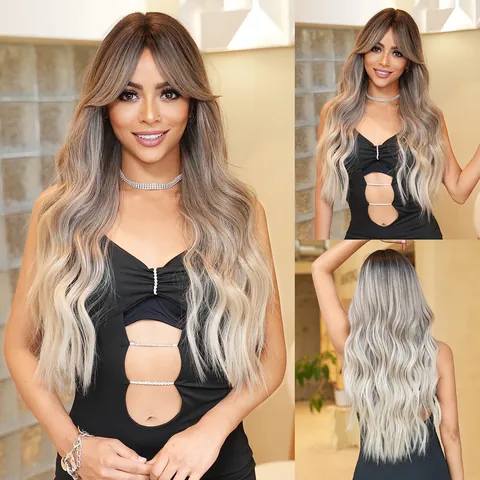 Lange Wellige Ombre Perücke Für Damen Milchtee Braun Große Welle Synthetische Hitzebeständige Faser Haar Mit Pony Für Täglich Party