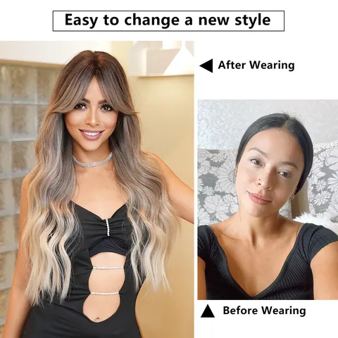 Lange Wellige Ombre Perücke Für Damen Milchtee Braun Große Welle Synthetische Hitzebeständige Faser Haar Mit Pony Für Täglich Party
