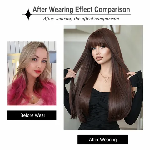 Long Straight Synthetic Wig With Flat Bangs Heat Resistant Fiber For Women Natural Looking Full Head Wig For Daily Party Wear