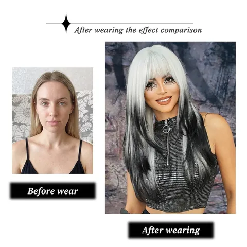 Peluca Sintética Larga Lisa Con Flequillo Resistente Al Calor Extensión De Cabello En Capas Ombre Para Mujer Cosplay Fiesta Uso Diario