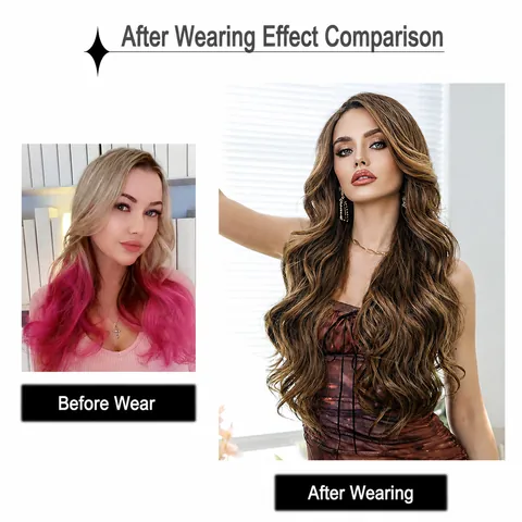 Women T-Part Lace Front Synthetic Wig Long Wavy Ombre Mocha Highlights Style Heat Resistant Fiber Natural Hair For Party