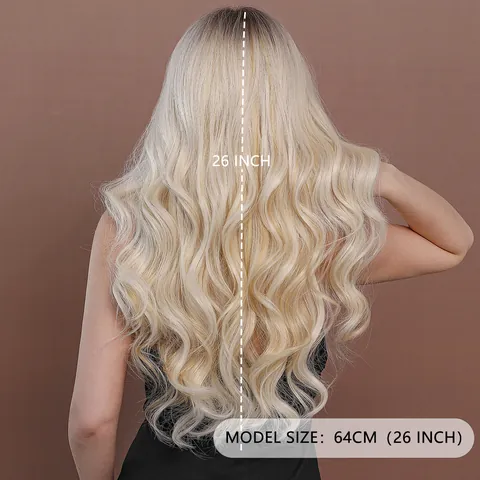 Womens Middle Part Long Wavy Curly Synthetic Lace Front Wig Ombre Ash Blonde Brown Highlighted Heat Resistant Fiber Hair For Party
