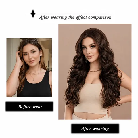 Lange Wellige Schwarztee T-Teil Spitze Perücke Für Damen Hochtemperatur-Synthetikfaser Hitzebeständig Natürlich Aussehend Täglich Party Mode Haarverlängerungen