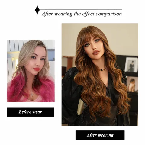 Long Wavy Wig With Bangs Highlight Blonde Synthetic High Temperature Fiber Ombre Wavy Wigs For Women Cosplay Party Daily Wear