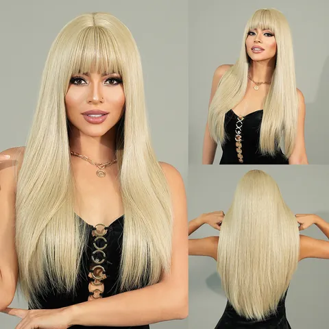 Long Straight Synthetic Wig With Flat Bangs 26 Inch Heat Resistant High Temperature Fiber Grey Blonde Pink Ombre Daily Party Wigs For Women
