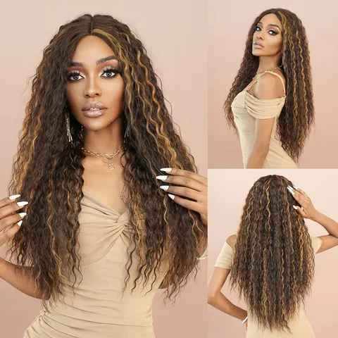 Long Deep Wave Lace Front Wig Highlight Brown Synthetic Heat Resistant T Part Lace Wigs For Women Natural Curly Daily Wear