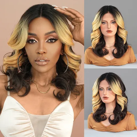 Lace Front Curly Wig Synthetic Heat Resistant Fiber Ombre Highlight Blonde Long Wavy Wigs For Black Women Natural Daily Hair