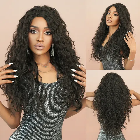 Long Water Wave Curly Wig T-Part Lace Front Synthetic Heat Resistant Hair Natural Black Sandalwood Brown For Women Daily Party