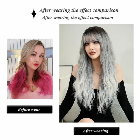 Women Fashion Long Wavy Wig With Bangs Ombre Grey Gradient High Temperature Synthetic Fiber Heat Resistant Full Head Wig