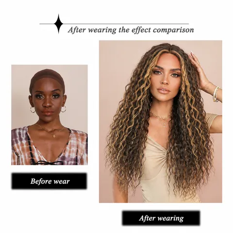 Long Deep Wave Lace Front Wig Highlight Brown Synthetic Heat Resistant T Part Lace Wigs For Women Natural Curly Daily Wear