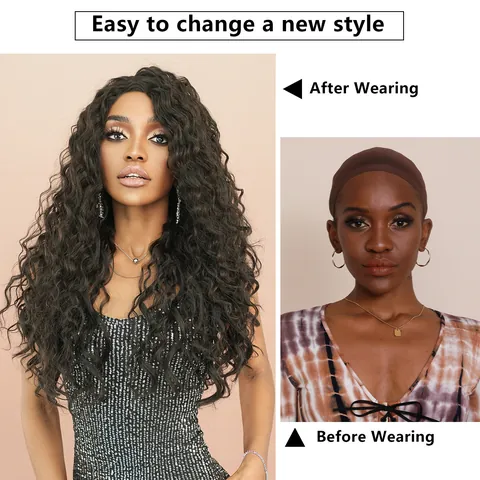 Long Water Wave Curly Wig T-Part Lace Front Synthetic Heat Resistant Hair Natural Black Sandalwood Brown For Women Daily Party