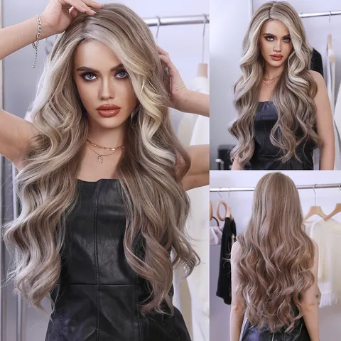 Parrucca Sintetica Ondulata Lunga con Pizzo Frontale Ombre Bionda Attaccatura Naturale Resistente al Calore per Donna