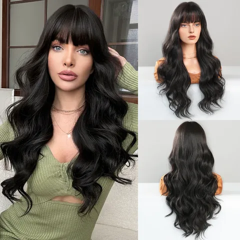 Peluca Sintética Larga Ondulada Con Flequillo Negro Natural Marrón Ombré Degradado Fibra De Alta Temperatura Para Mujeres
