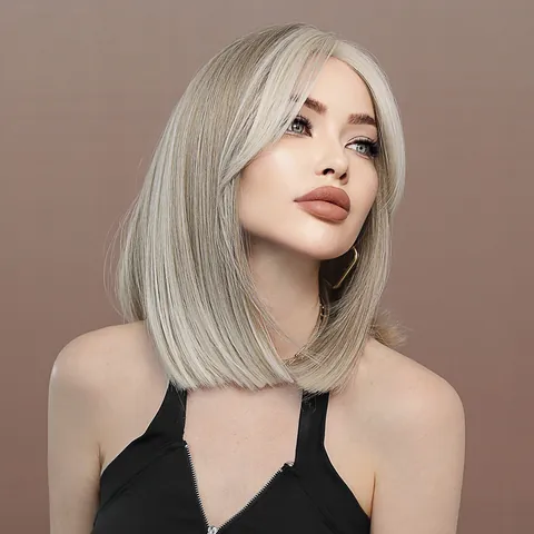 Parrucca Bob Corta Liscia Lace Front Fibra Sintetica ad Alta Temperatura Resistente al Calore Attaccatura Naturale per Donna Acconciatura di Moda