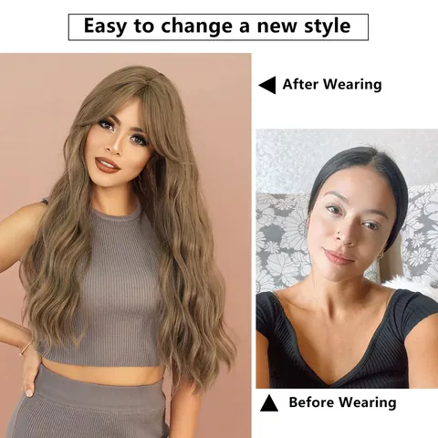 Women Long Wavy Synthetic Hair Wig With Curtain Bangs Heat Resistant Natural Looking Daily Fashion Hairpiece For Style Transformation
