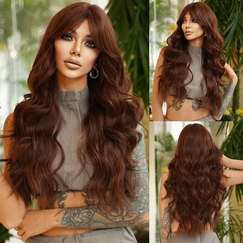 Peluca Larga Ondulada Con Flequillo Lateral Fibra Sintética de Alta Temperatura Gran Onda Extensión de Cabello Mujer