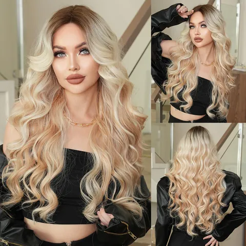 Parrucca Frontale in Pizzo Sintetico Ondulato Lungo per Donna Ombre Marrone Biondo Platino Fibra Resistente al Calore