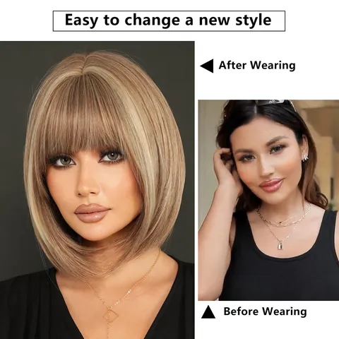Short Straight Bob Wig Bangs Tea Brown Mix Beige Highlights Synthetic High Temperature Fiber Heat Resistant Women Hair