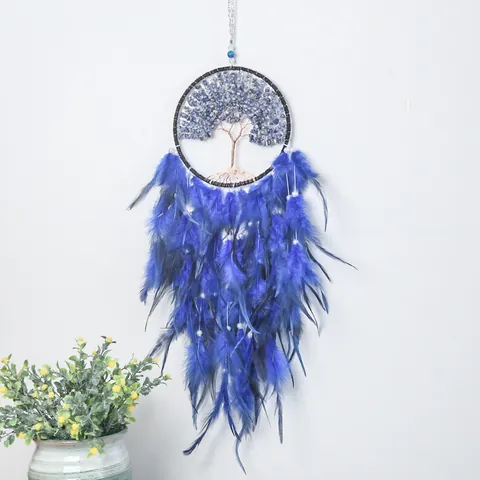 Handmade Tree Of Life Dreamcatcher With Crystal Chips Feather Wall Hanging Decor Boho Home Bedroom Car Decoration Ornament