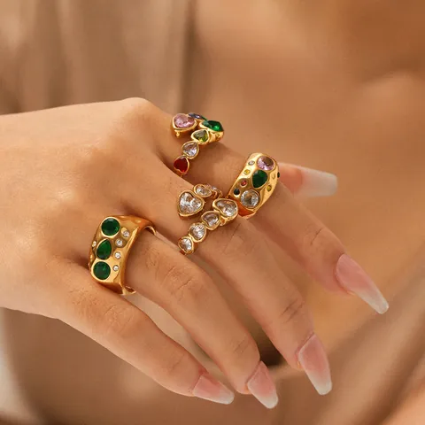 Stainless Steel Zirconia Heart Open Ring For Women Gold Plated Adjustable Retro Luxury Finger Ring Jewelry