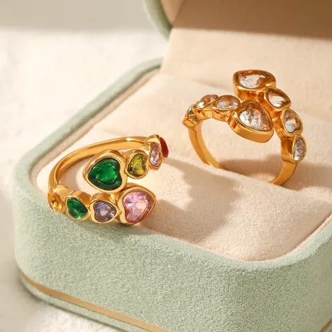 Stainless Steel Zirconia Heart Open Ring For Women Gold Plated Adjustable Retro Luxury Finger Ring Jewelry