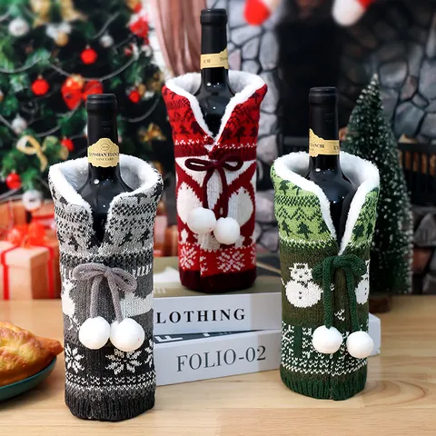 Housse de Bouteille de Vin de Noël Tricotée Épaissie Col en Fausse Fourrure Bonhomme de Neige Renne Décor de Table