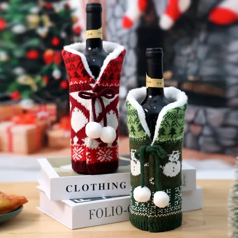Housse de Bouteille de Vin de Noël Tricotée Épaissie Col en Fausse Fourrure Bonhomme de Neige Renne Décor de Table