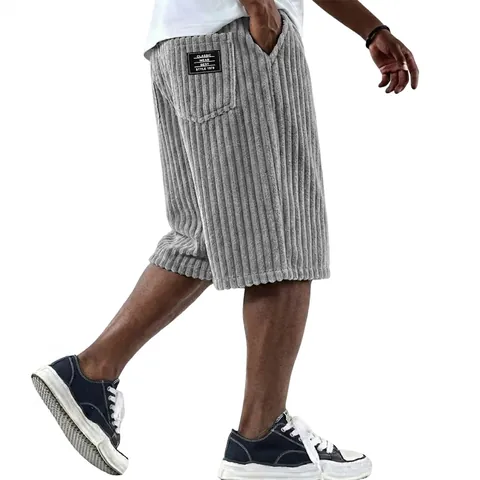 Pantaloncini di Velluto a Coste da Uomo Vintage Americano Vestibilità Larga Casual Pantaloni a Cinque Punti Vita Elastica Multitasche Retro Estate