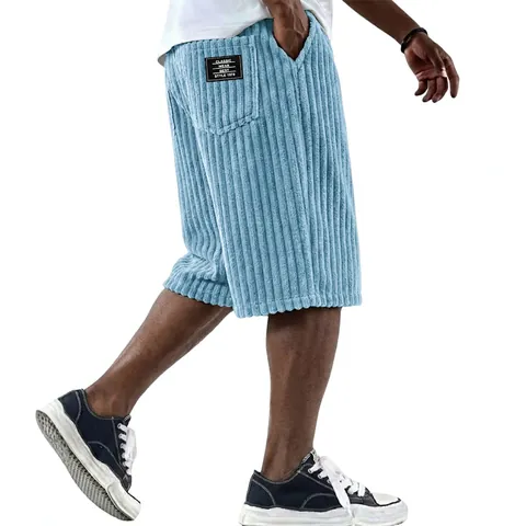 Pantaloncini di Velluto a Coste da Uomo Vintage Americano Vestibilità Larga Casual Pantaloni a Cinque Punti Vita Elastica Multitasche Retro Estate