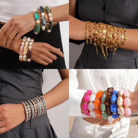 Fashion Women Alloy Ocean Charm Bracelet Stainless Steel Dog Pattern Modular Link Bracelet Retro Acrylic Resin Bangle Jewelry