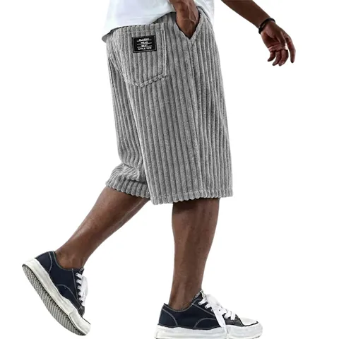 Men's Corduroy Shorts American Vintage Loose Fit Casual Five Point Pants Elastic Waist Multi Pocket Retro Summer Beach Bottoms