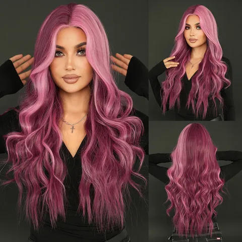 Long Wavy Synthetic Lace Wig For Women Ombre Starry Purple Rainbow Heat Resistant Fiber Middle Part Fashion Hair Wig