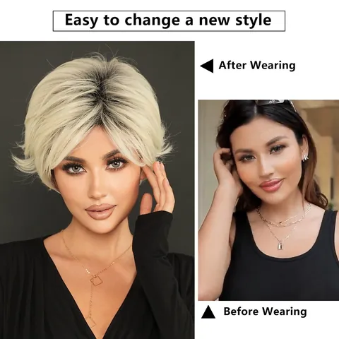 Γυναικεία Κοντή Περούκα Pixie Bob Πλατινέ Ξανθό Ombre Συνθετική Τρίχα Ανθεκτική στη Θερμότητα Φυσική Εμφάνιση για Πάρτι