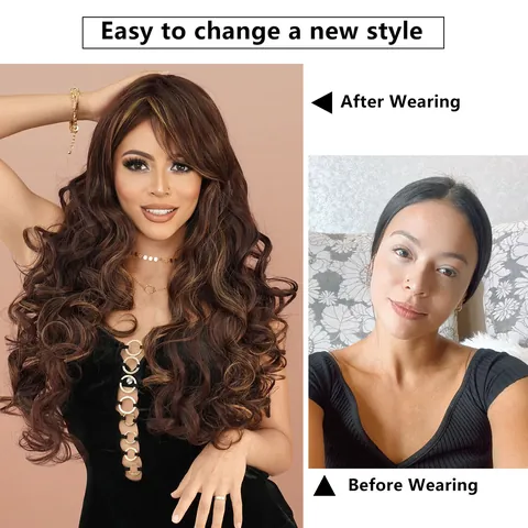 Long Wavy Ombre Brown Blonde Synthetic Wig With Bangs For Women Heat Resistant Natural Look Full Machine Made Hair Wig