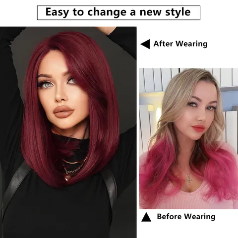 Shoulder Length Straight T Part Lace Front Wigs For Women Synthetic Heat Resistant Fiber Burgundy Blonde Natural Hairline Daily Wig