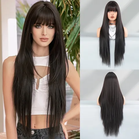 Super Long Straight Synthetic Wig With Bangs For Women Layered Natural Heat Resistant Fiber Full Head Hair Wigs Daily Party