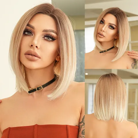 Ombre Blonde Short Straight Bob Wig With Dark Roots Synthetic Heat Resistant Fiber Lace Front Wig For Women Daily Party