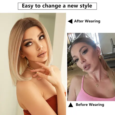 Ombre Blonde Short Straight Bob Wig With Dark Roots Synthetic Heat Resistant Fiber Lace Front Wig For Women Daily Party