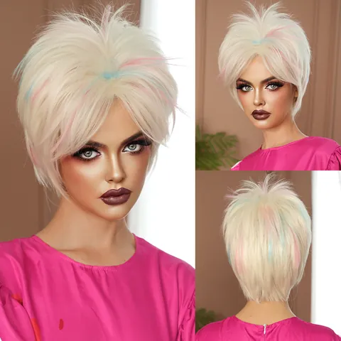 Women Short Platinum Blonde Wig With Pink And Blue Highlights Heat Resistant Synthetic Fiber Hair For Halloween Cosplay Party