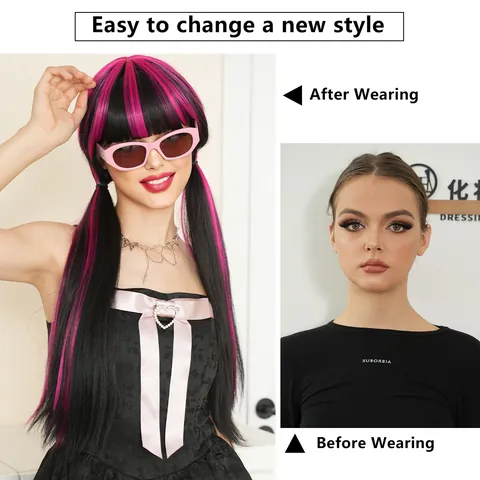 Lange Glatte Schwarz Rosa Gemischte Kunstfaser Perücke Mit Pony Hochtemperatur Für Halloween Cosplay Party Damen