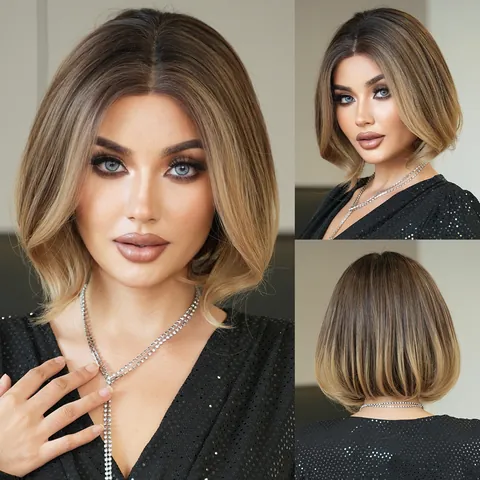 Parrucca Bob Corta Biondo Ombre da Donna Fibra Sintetica ad Alta Temperatura Pizzo a T Riga in Mezzo Capelli Resistenti al Calore per Festa